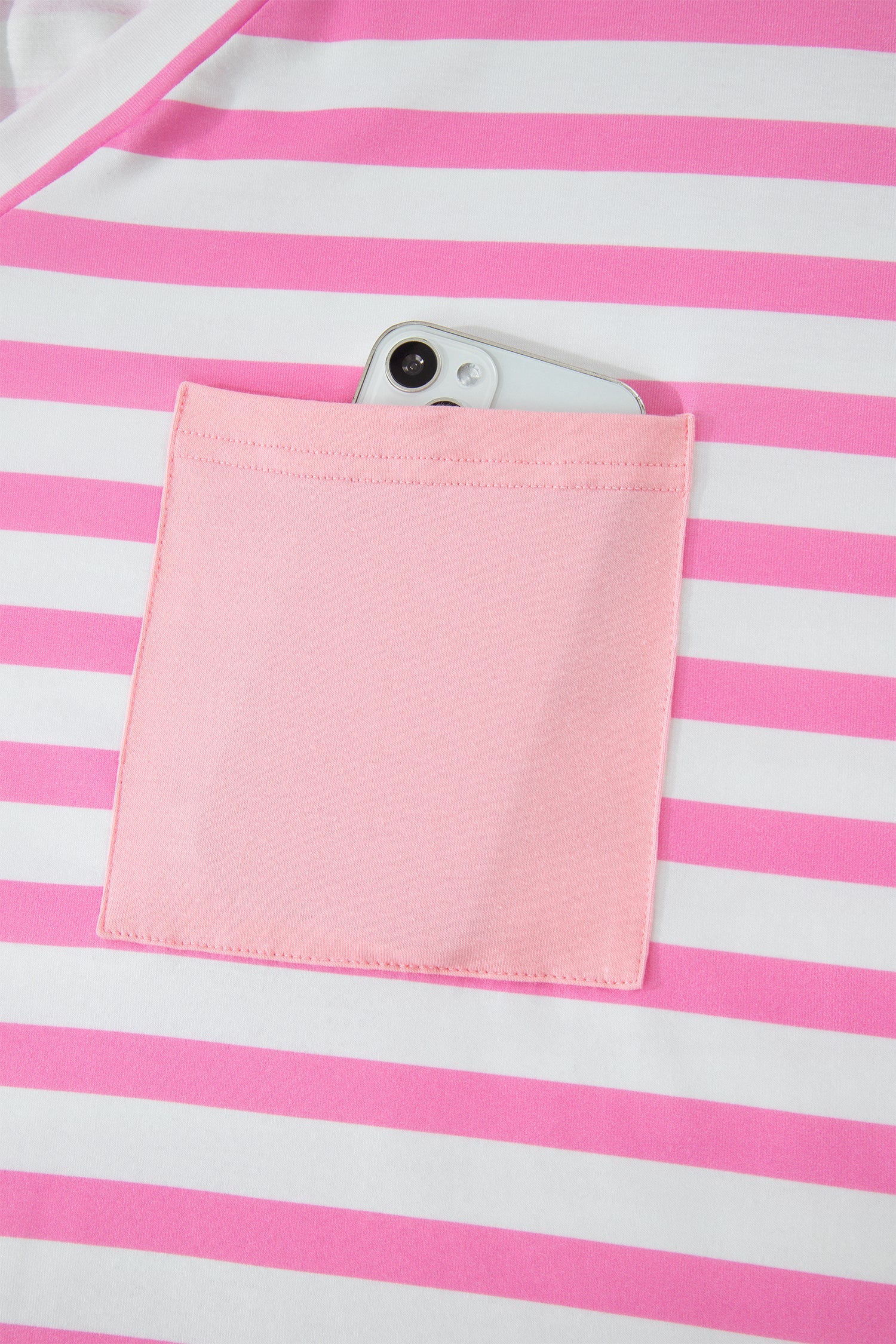 Patched Pocket Stripe Pocket V-Neck Plus Size Tee in Pink