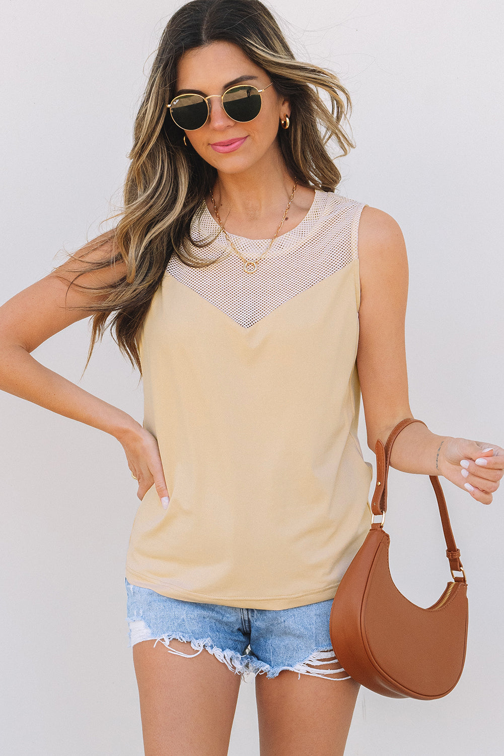 Solid Mesh Patchwork Crew Neck Tank Top