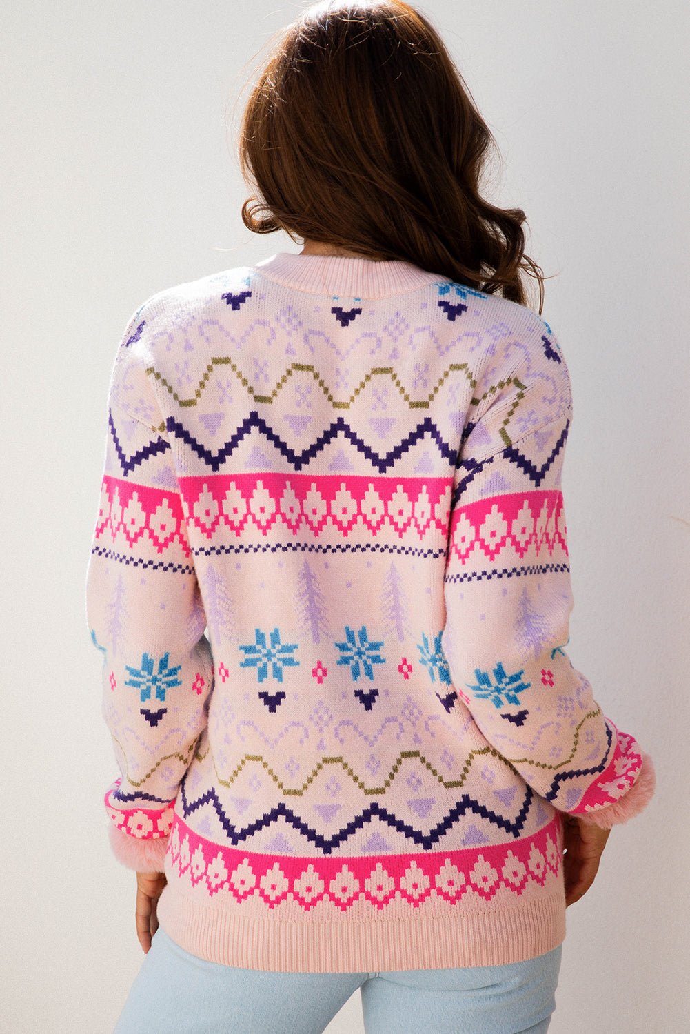 Ethnic Christmas Pattern Knit Feather Cuffed Knit Top