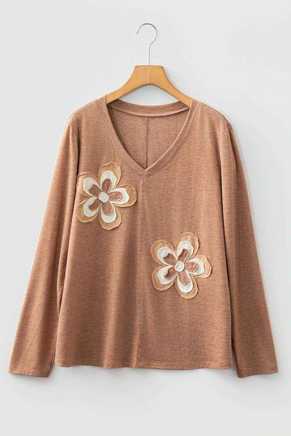 Floral Long-Sleeved Patchwork V-Neck T Shirt