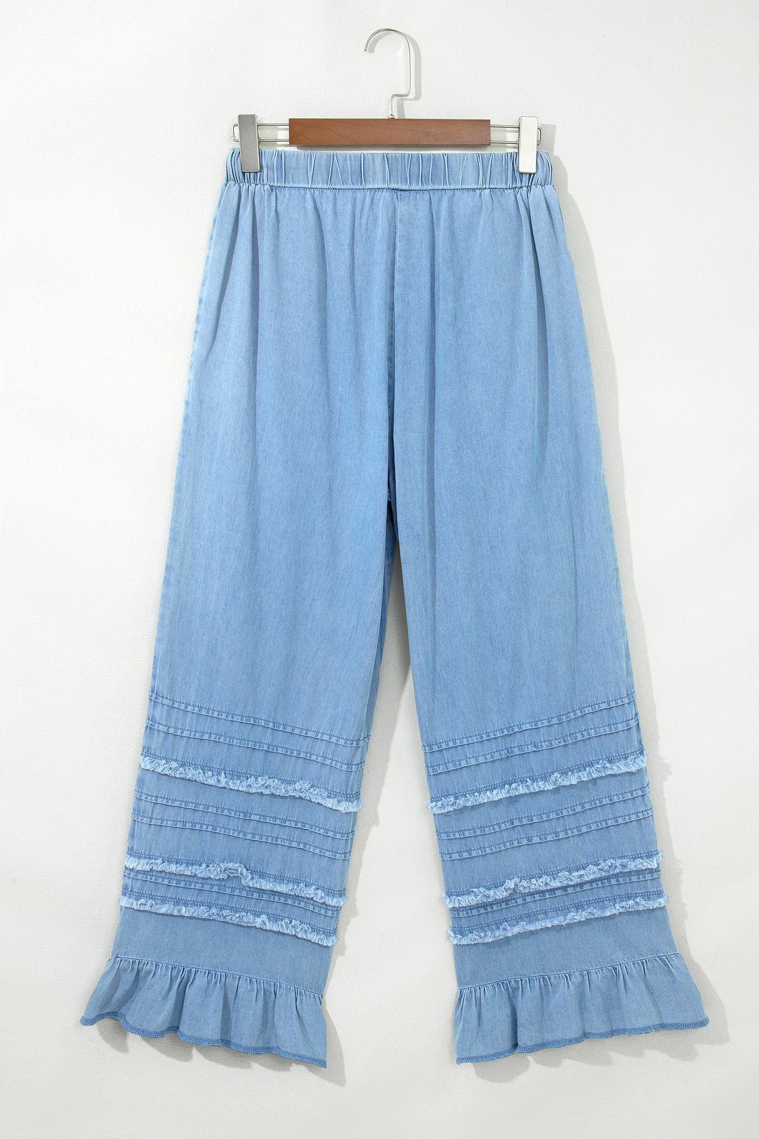 Everyday Ruffled Beau Blue Hem Wide-Leg Chambray Pants