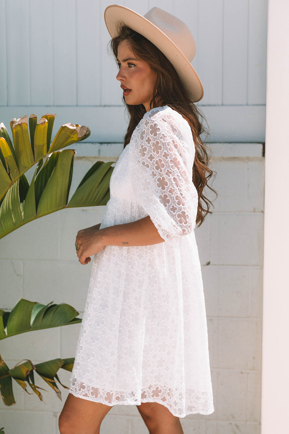 Floral Lace Puff Sleeve Mini Dress in White