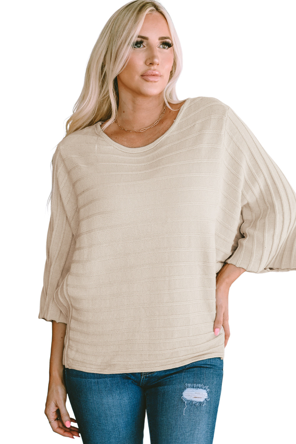 Pull Dolman en tricot côtelé à coutures apparentes abricot