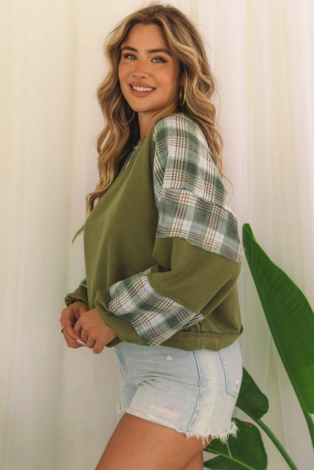 Women's Top with Bubble Sleeve Plaid Knitted