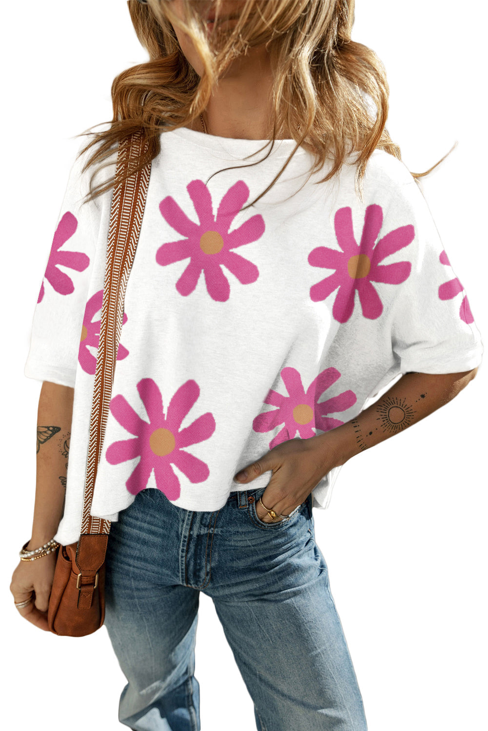 T-shirt décontracté imprimé fleur de marguerite blanche