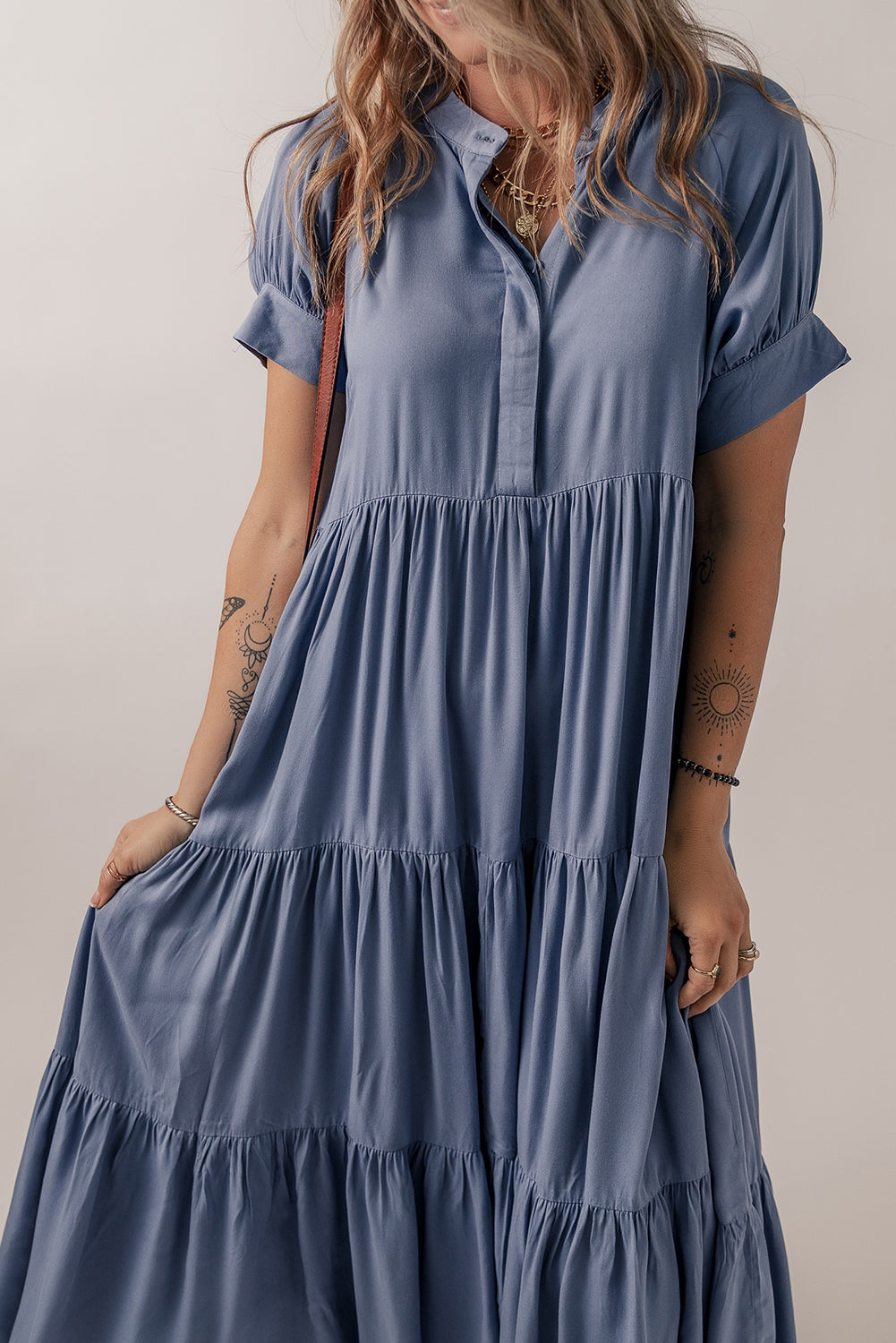 Hidden Ruffle Buttons Short-Sleeved Tiered Long Flared Dress