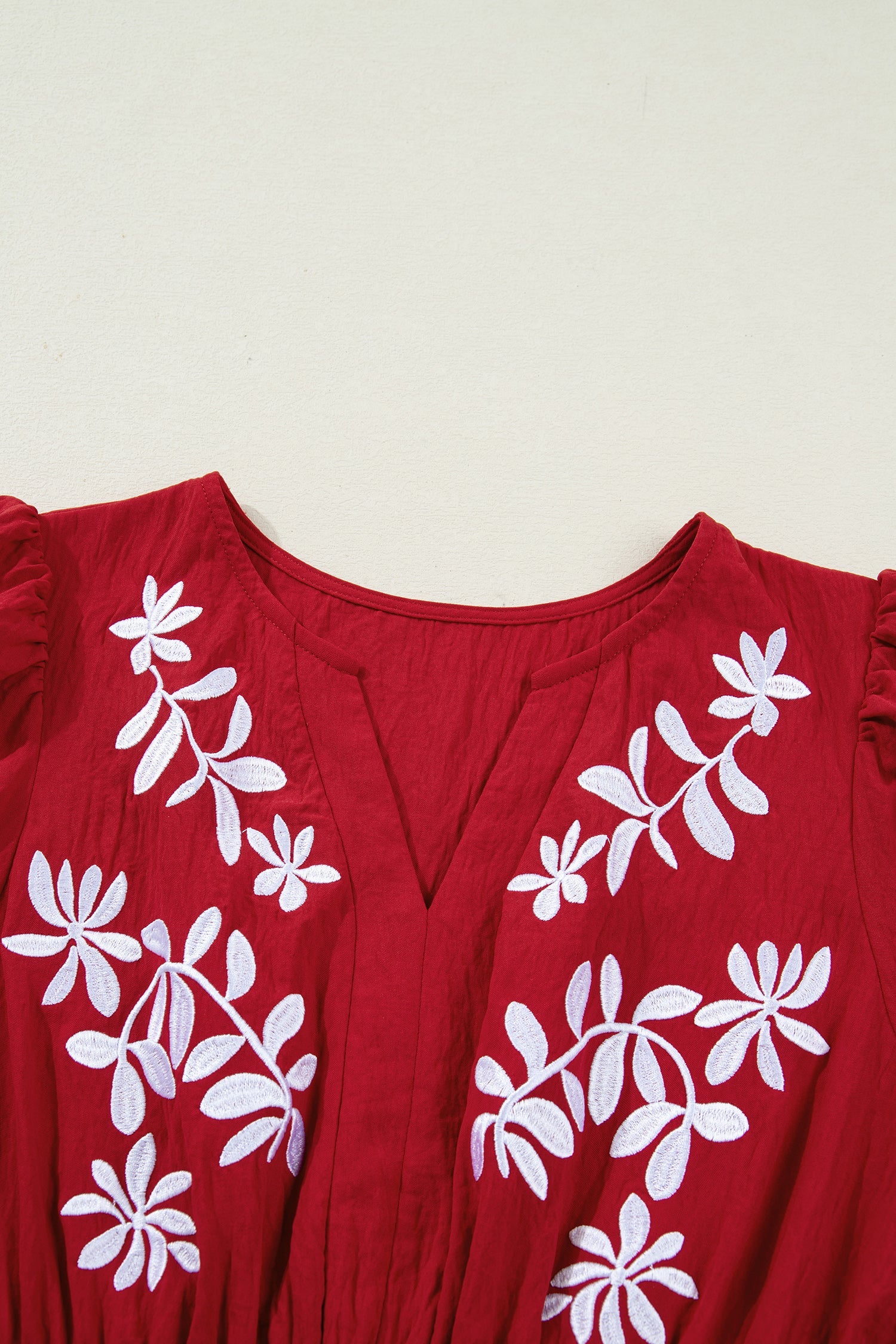 Detail Cinched Embroidered Cinched Waist Tiered Long-Sleeved Maxi Dress in Red