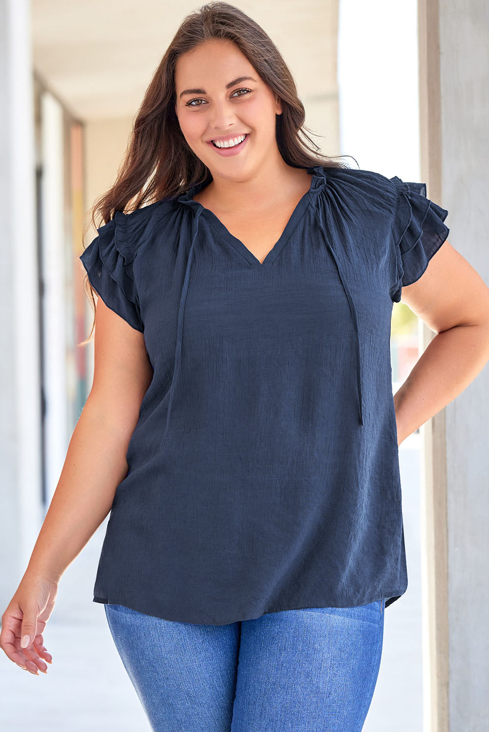 Blouse for Women Ruffle-Trimmed Sleeve Drawcord Plus Size