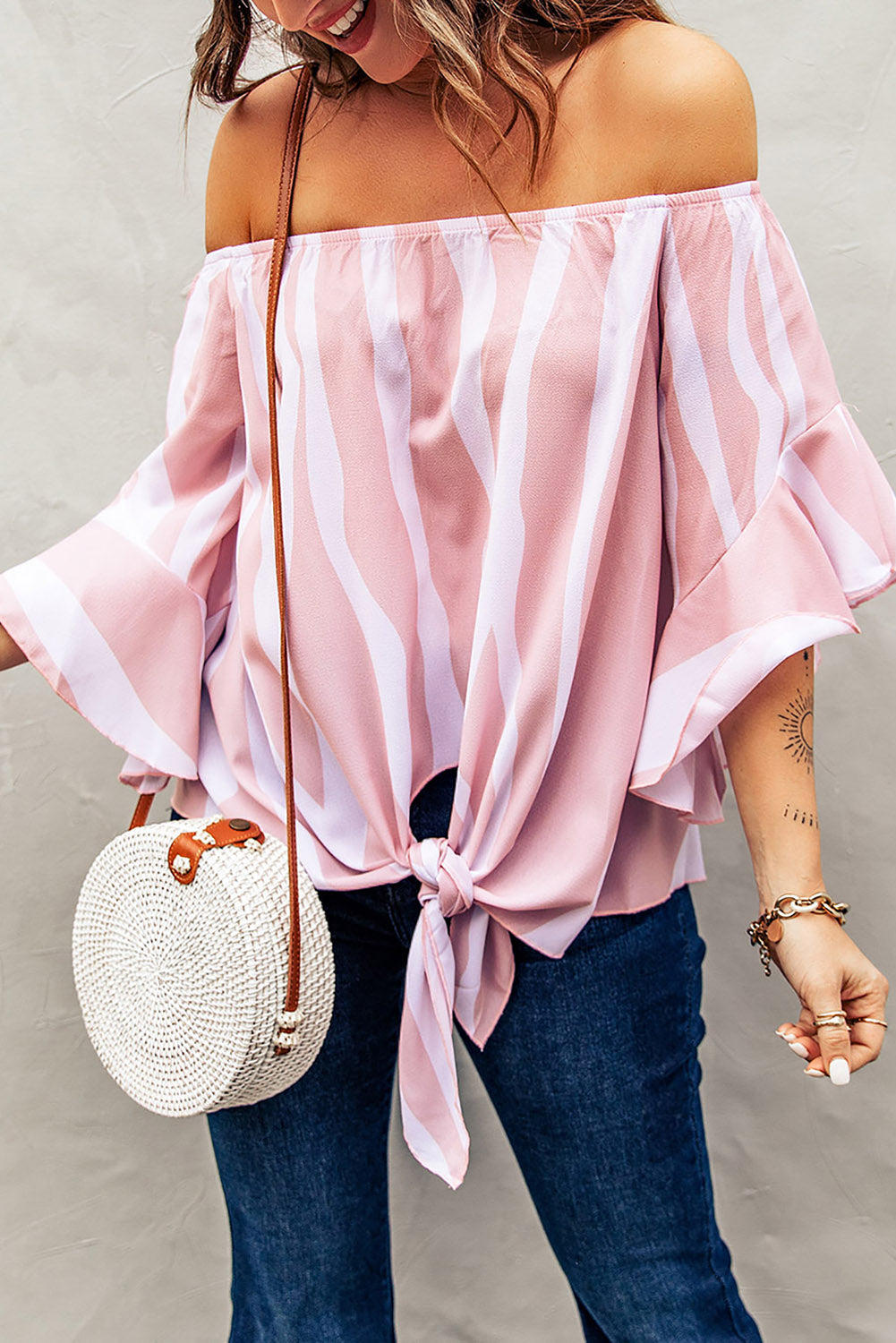 Women's Blouse Featuring Pink White Vertical Stripes Off The Shoulder