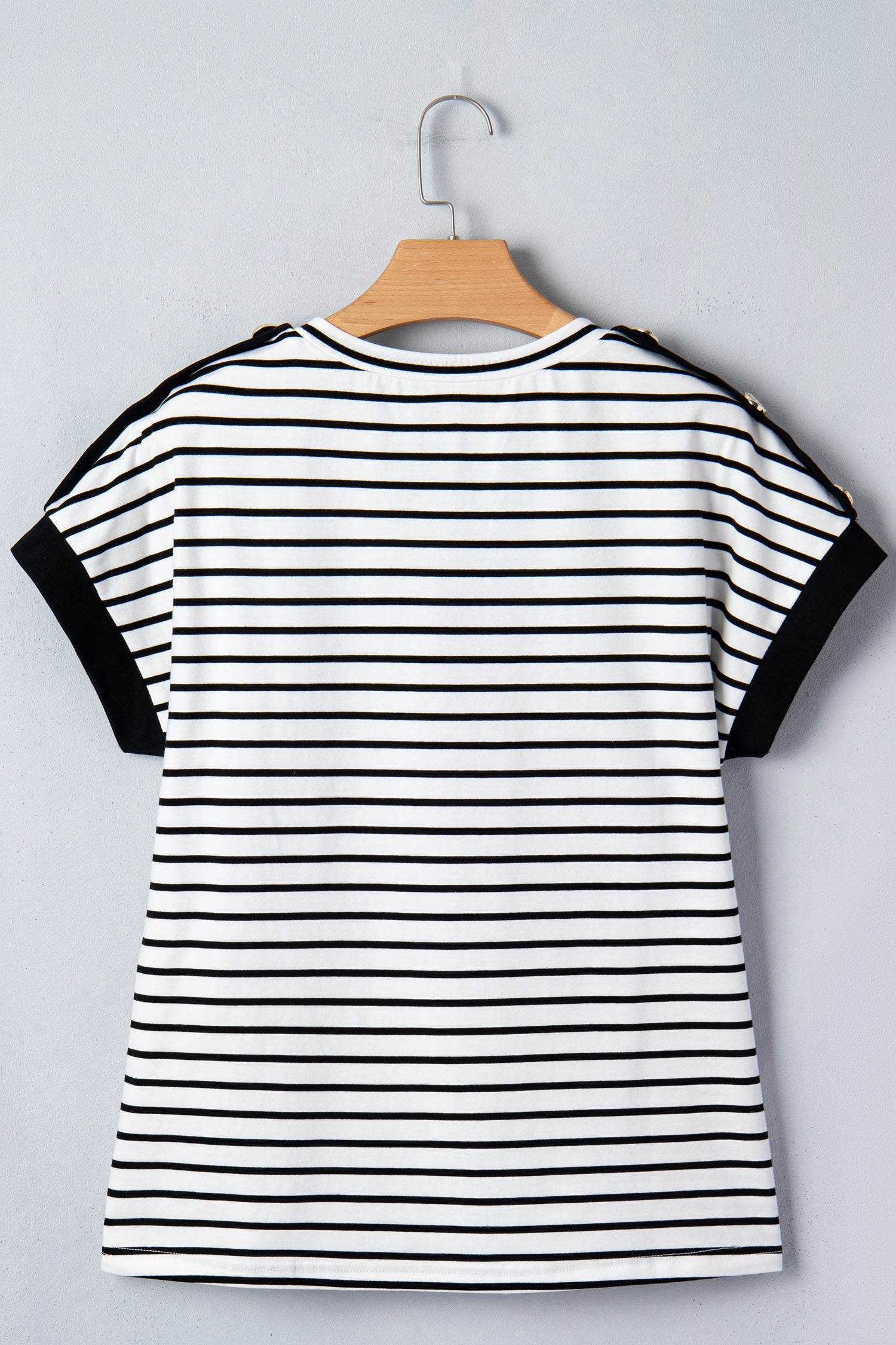 Cuffed Sleeve Stripe Sleeve Button Detail Loose Tee in Black
