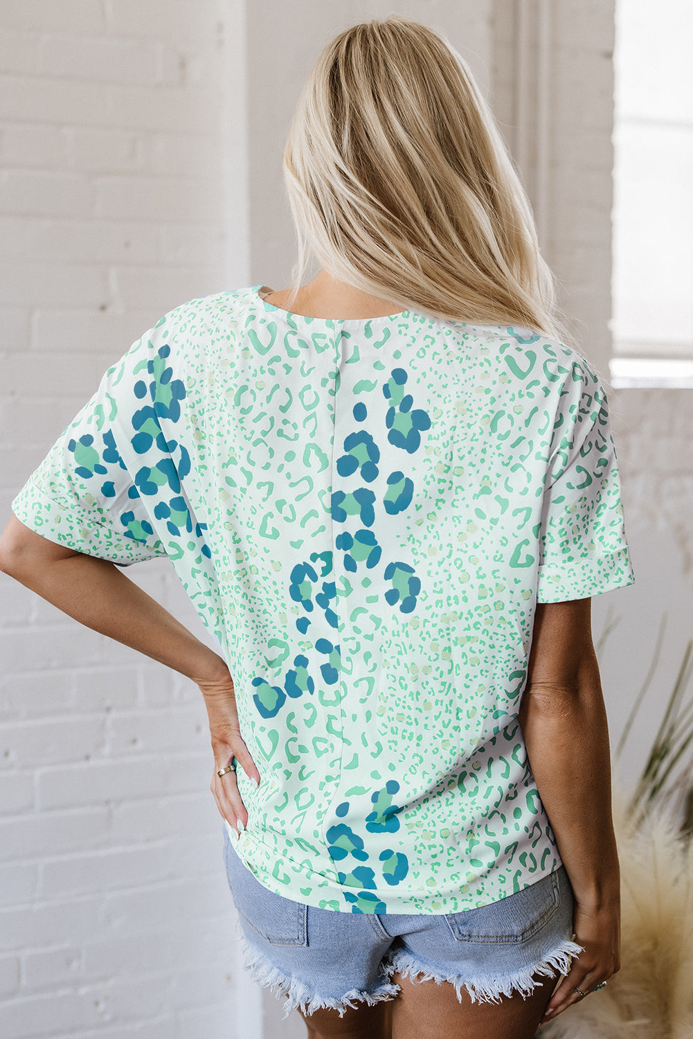 Mixed Leopard-Print V-Neck Short-Sleeved Blouse