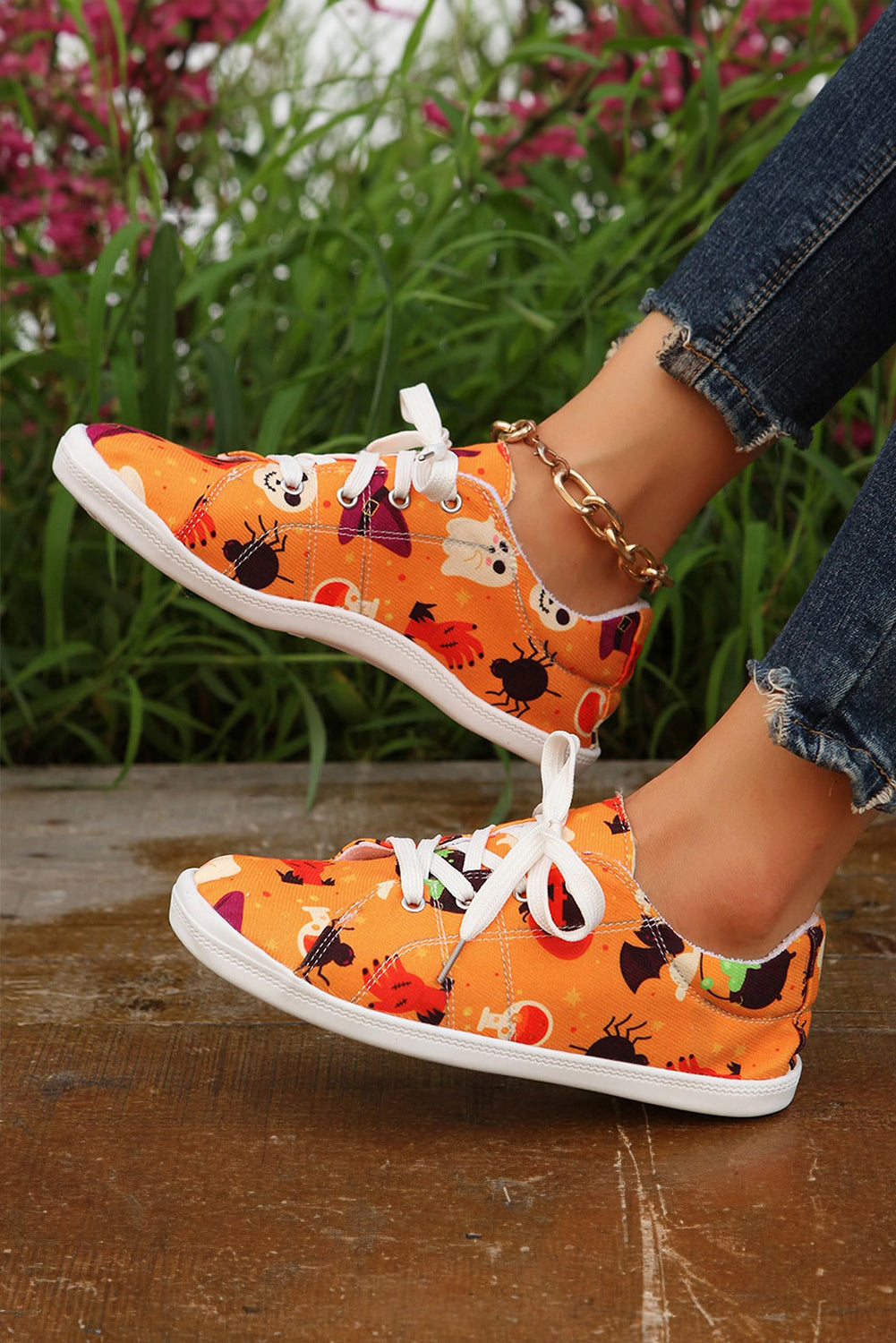 Ghost Halloween Pumpkin Print Lace-up Flat Shoes