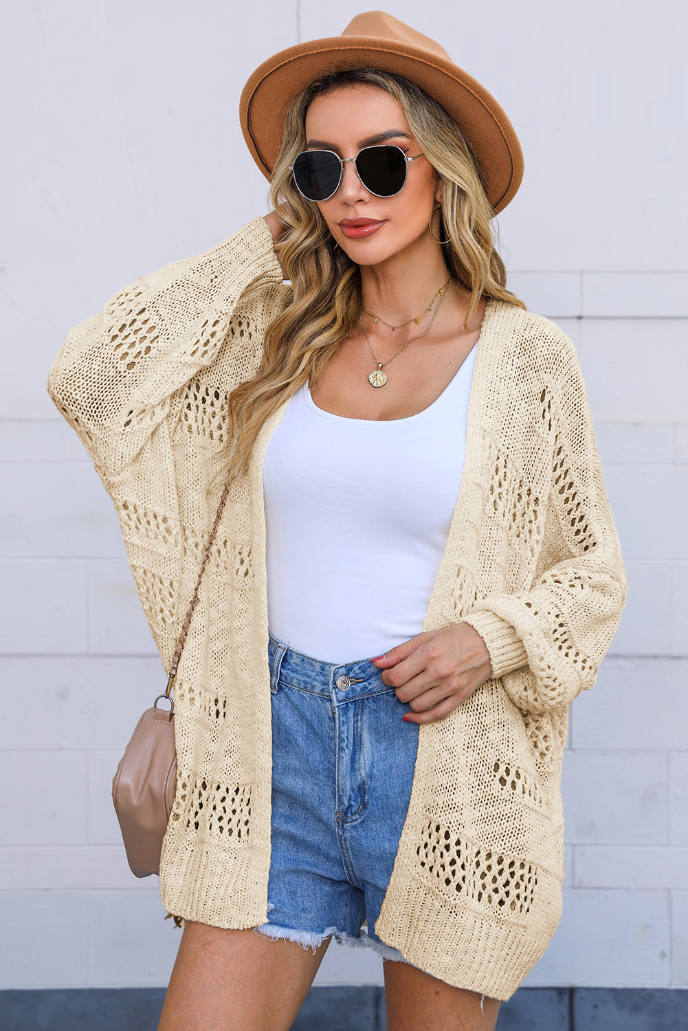 Women's Cardigan Featuring Apricot Everyday Hollowed Knitted Dolman Sleeve