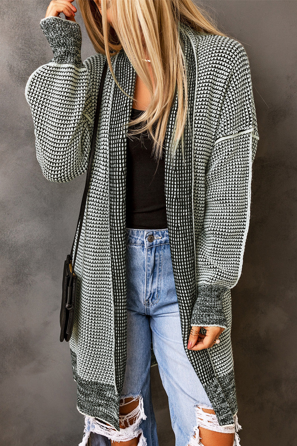 Women's Cardigan with Plaid Knitted Long Open Front Gray