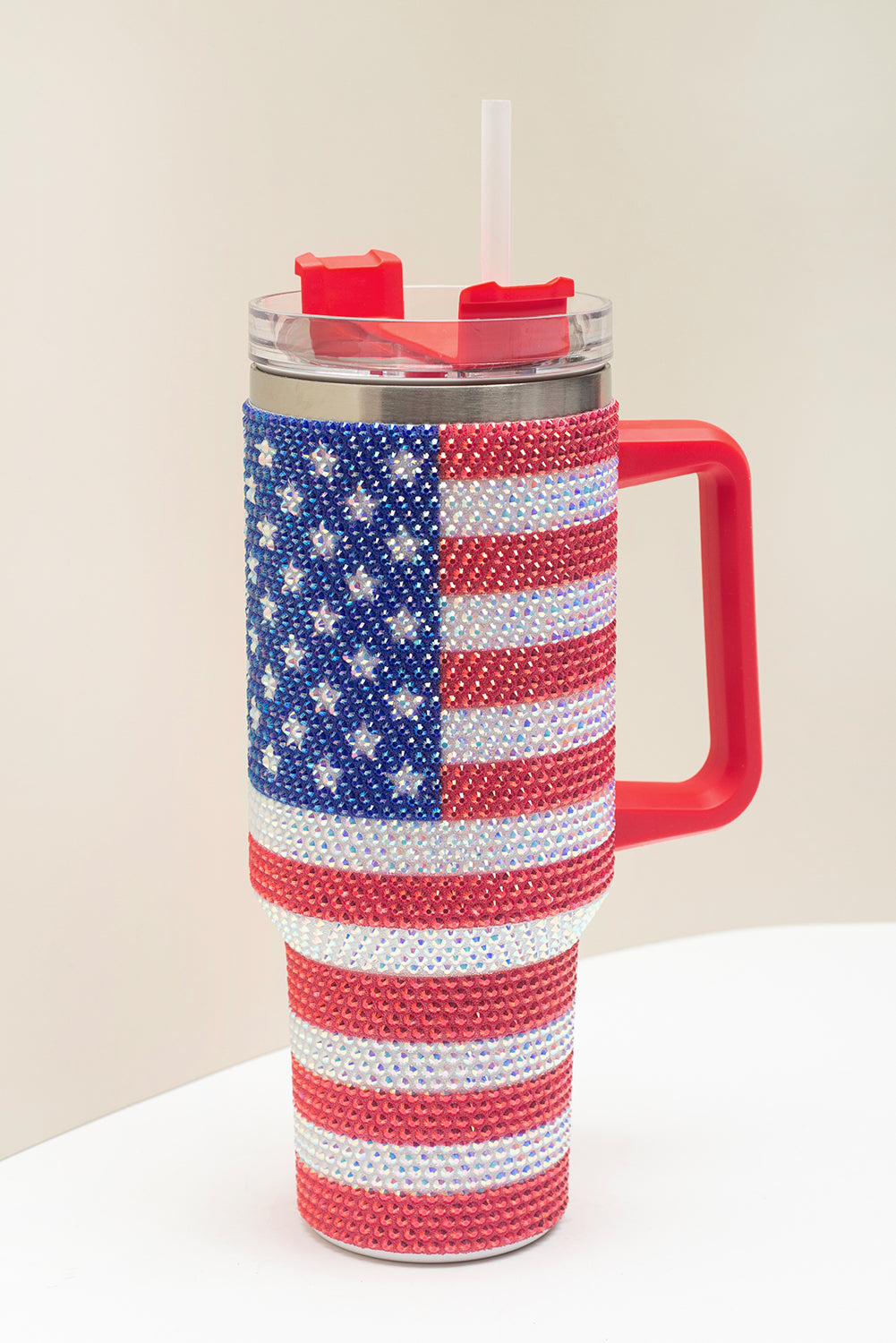 American Flag Rhinestone Flag Print Handled 40oz Thermos Tumbler