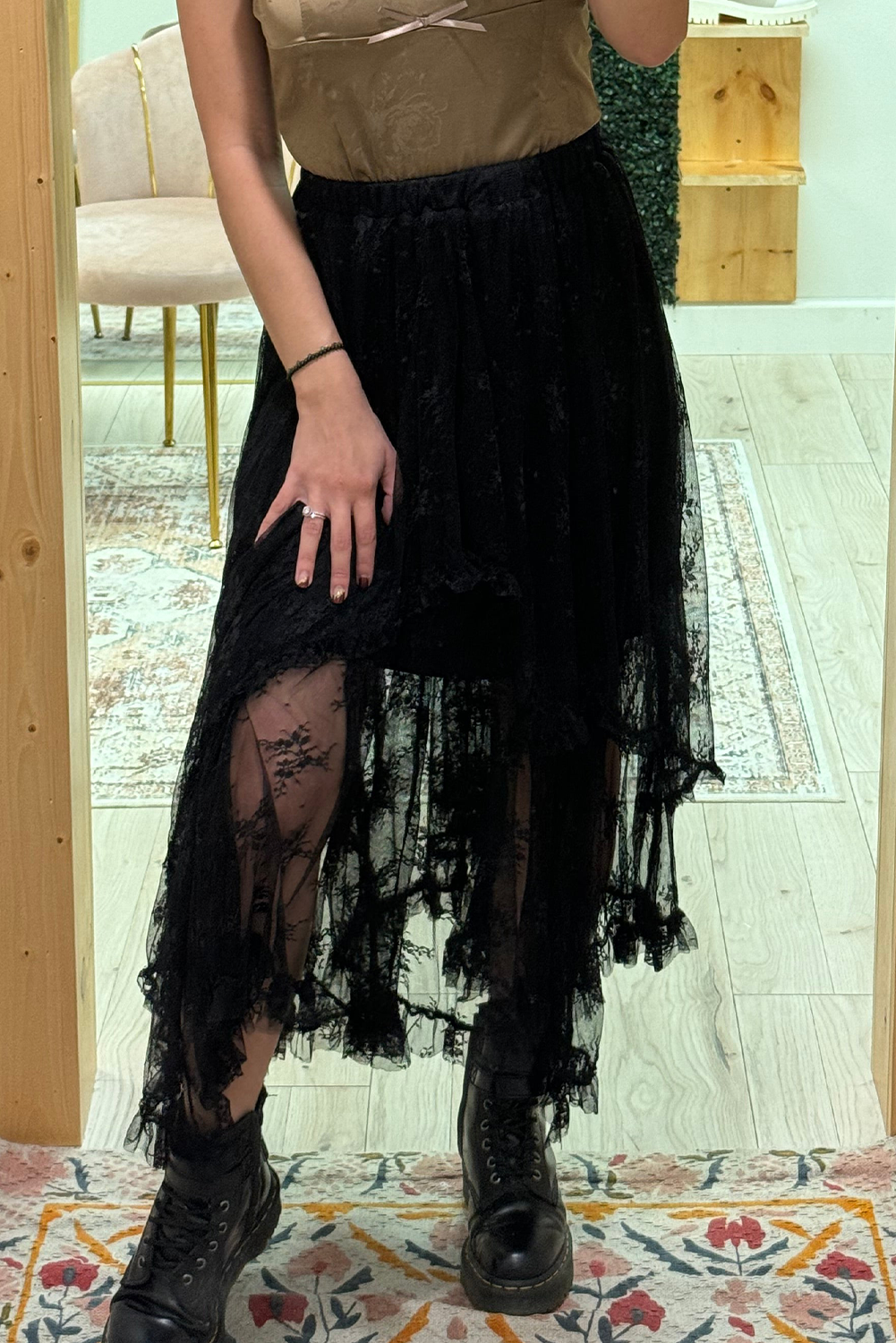 Lace High-Waisted Cascading Tiered Maxi Skirt in Black