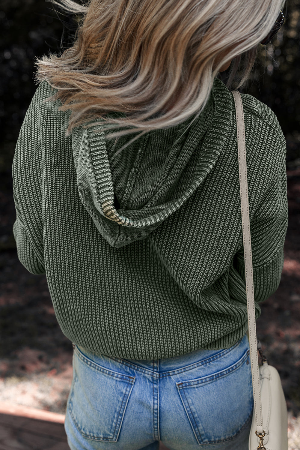 Mineral Wash Rib-Knit Knit Button Drawcord Neck Hooded Knit Top