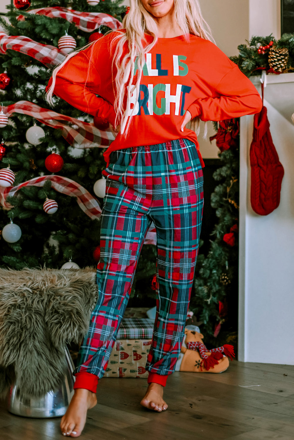 ALL IS BRIGHT Graphic Christmas Plaid Pajamas Set