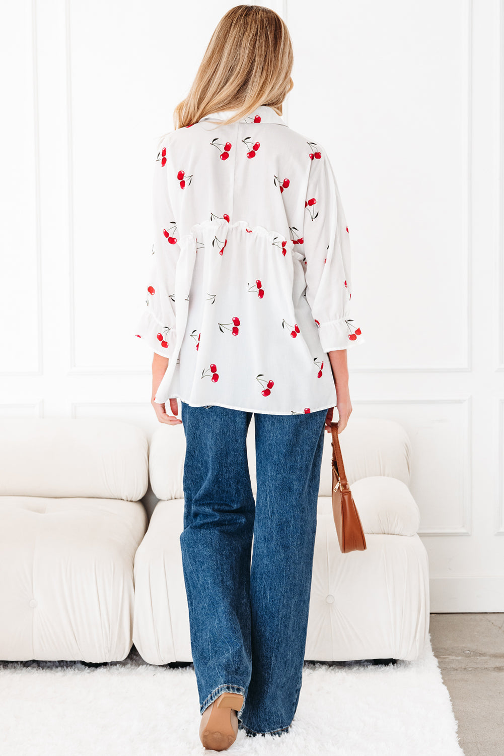 Print Flounce Cherry Flounce Sleeve Collared Frilled Babydoll Blouse