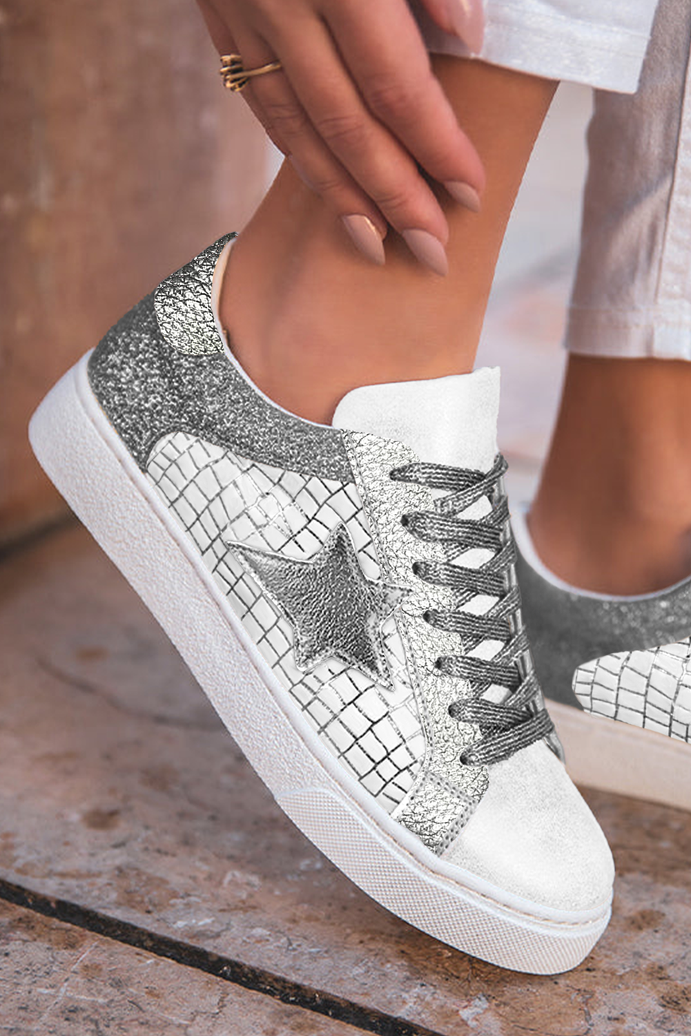 Silvery Glitter Star Patchwork PU Leather Lace-up Sneakers