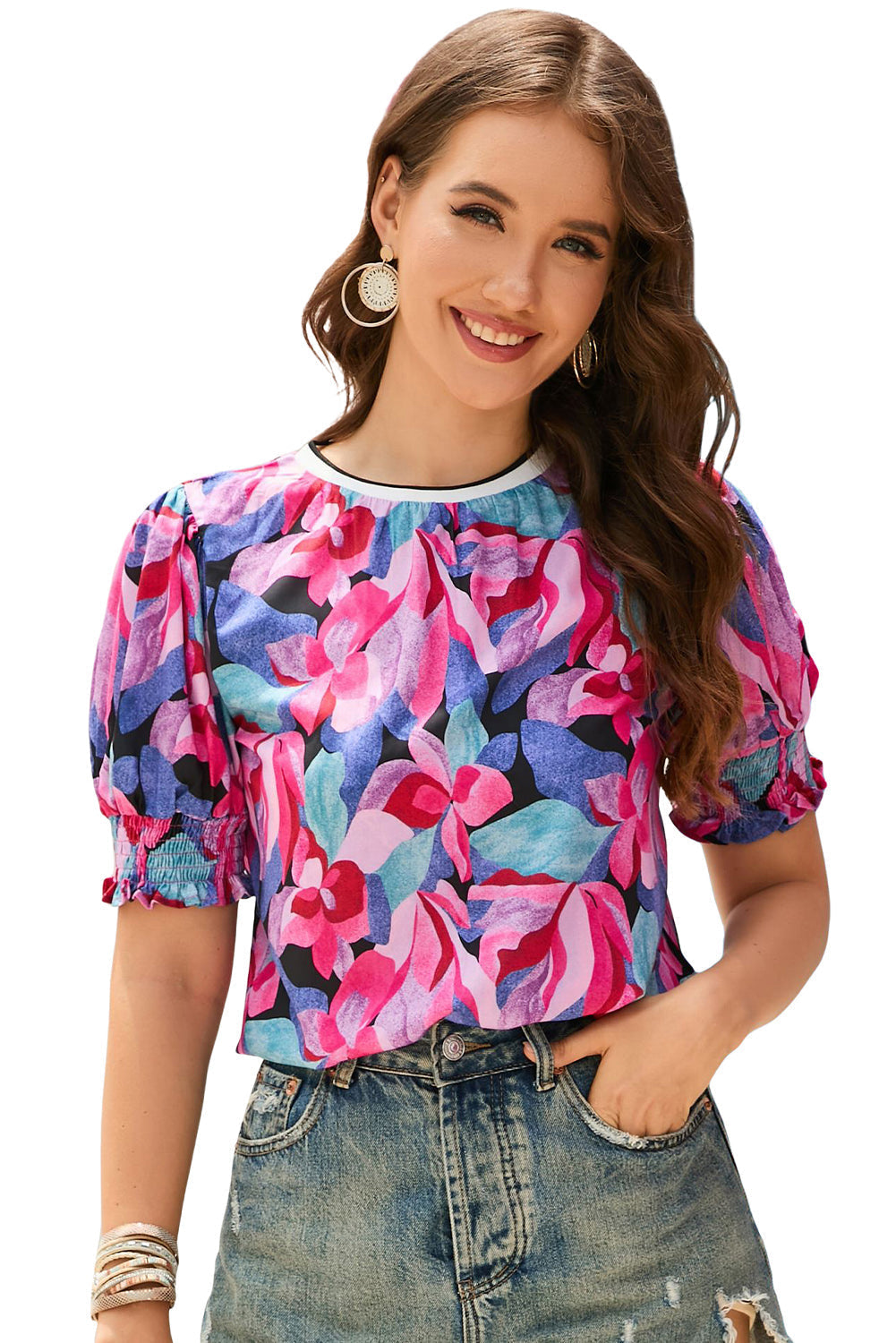 Women's Shirred Puff Floral-Print Print Blouse