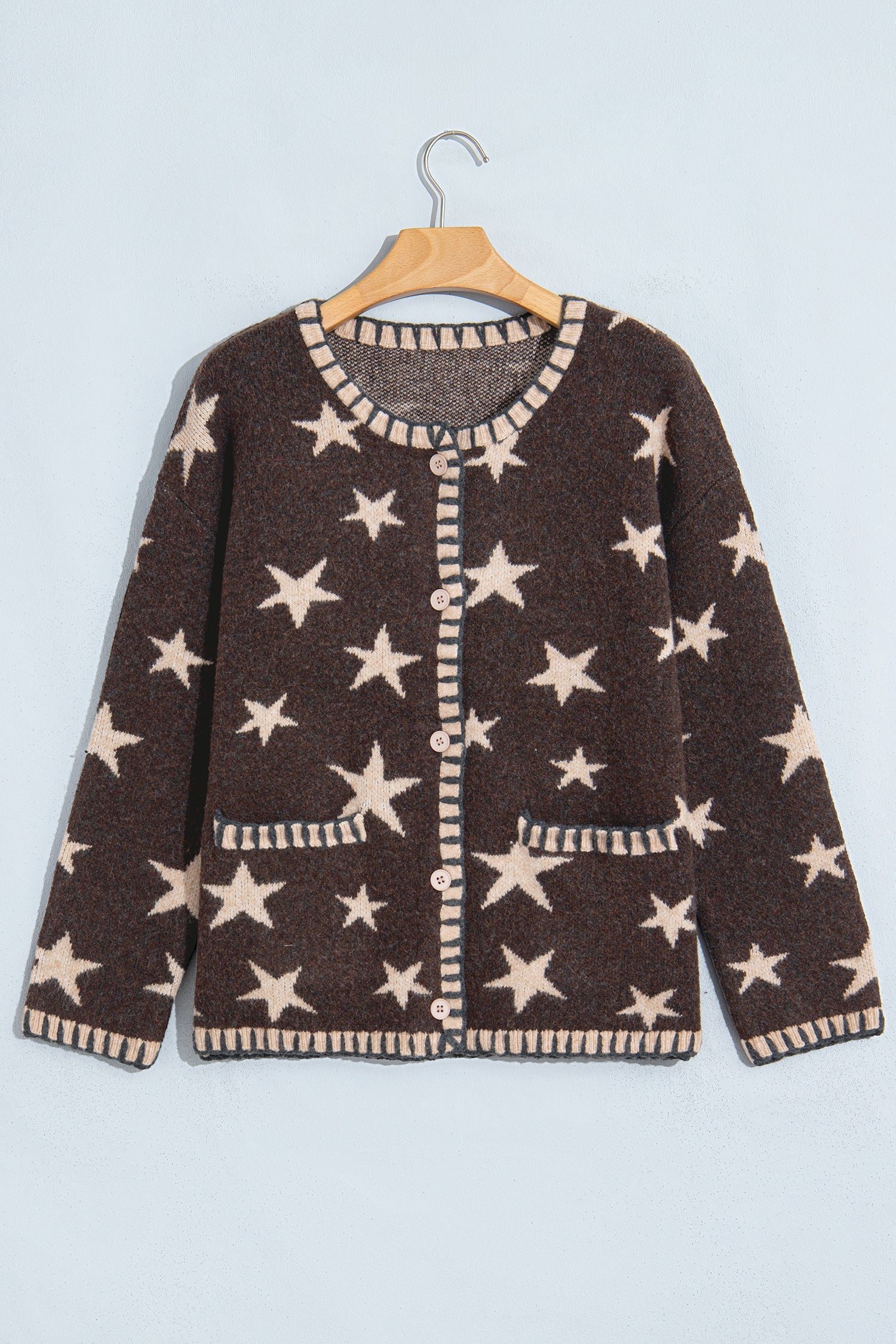 Stars Pattern Colorblock Long-Sleeved Shift Wool Cardigan in Brown