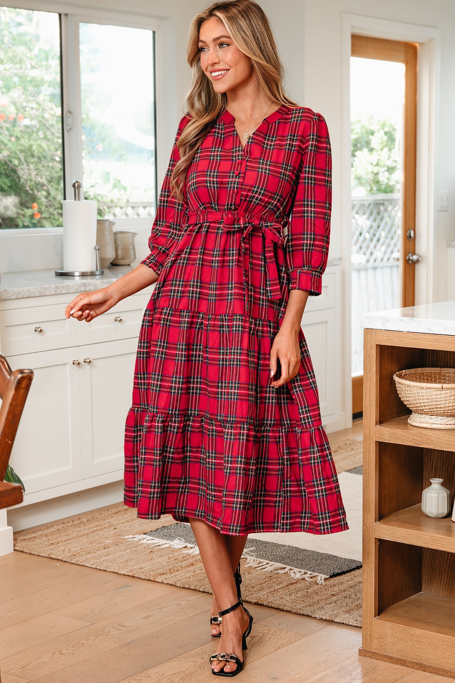 Christmas Plaid V-Neck 3/4 Sleeve Tie Waist Ruffle Hem Long Dress