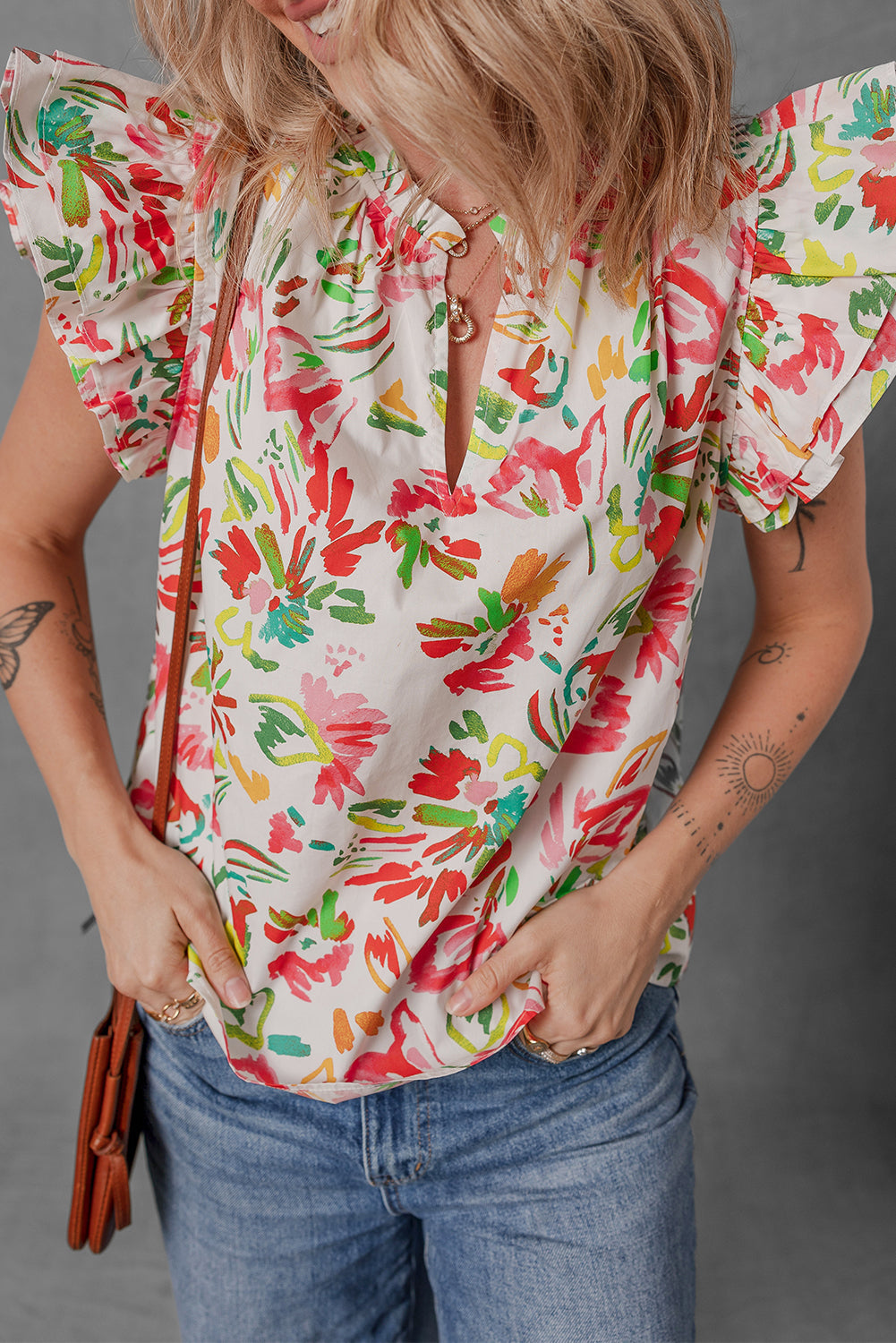 Allover Flutter Floral Printed Sleeve Split Neck Blouse