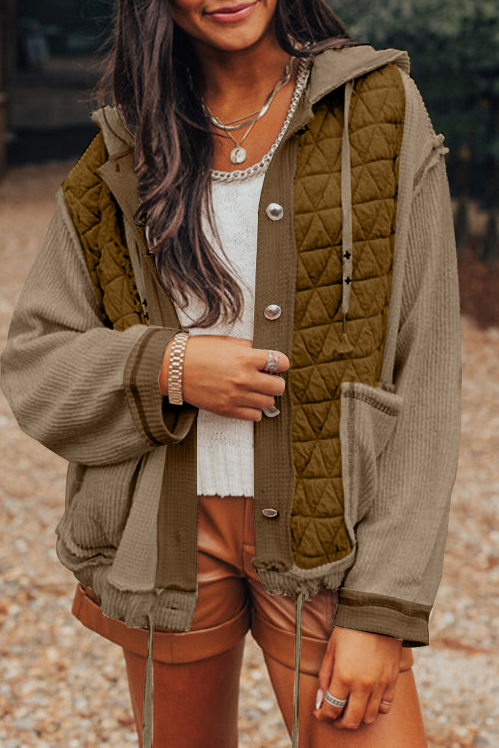 Quilted Textured Patchwork Easy-Fit Fit Hooded Jacket in Green