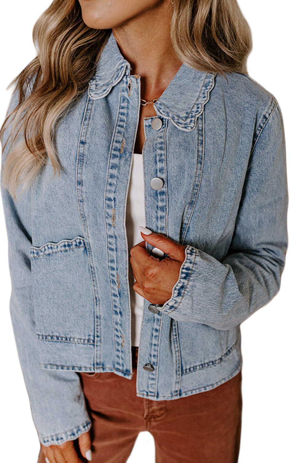 Scallop Patched Trim Collar Pocket Button-Front Denim Jacket