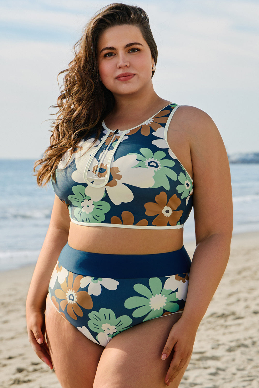 Floral Printed Zipped Plus Size Two Pieces Bikini