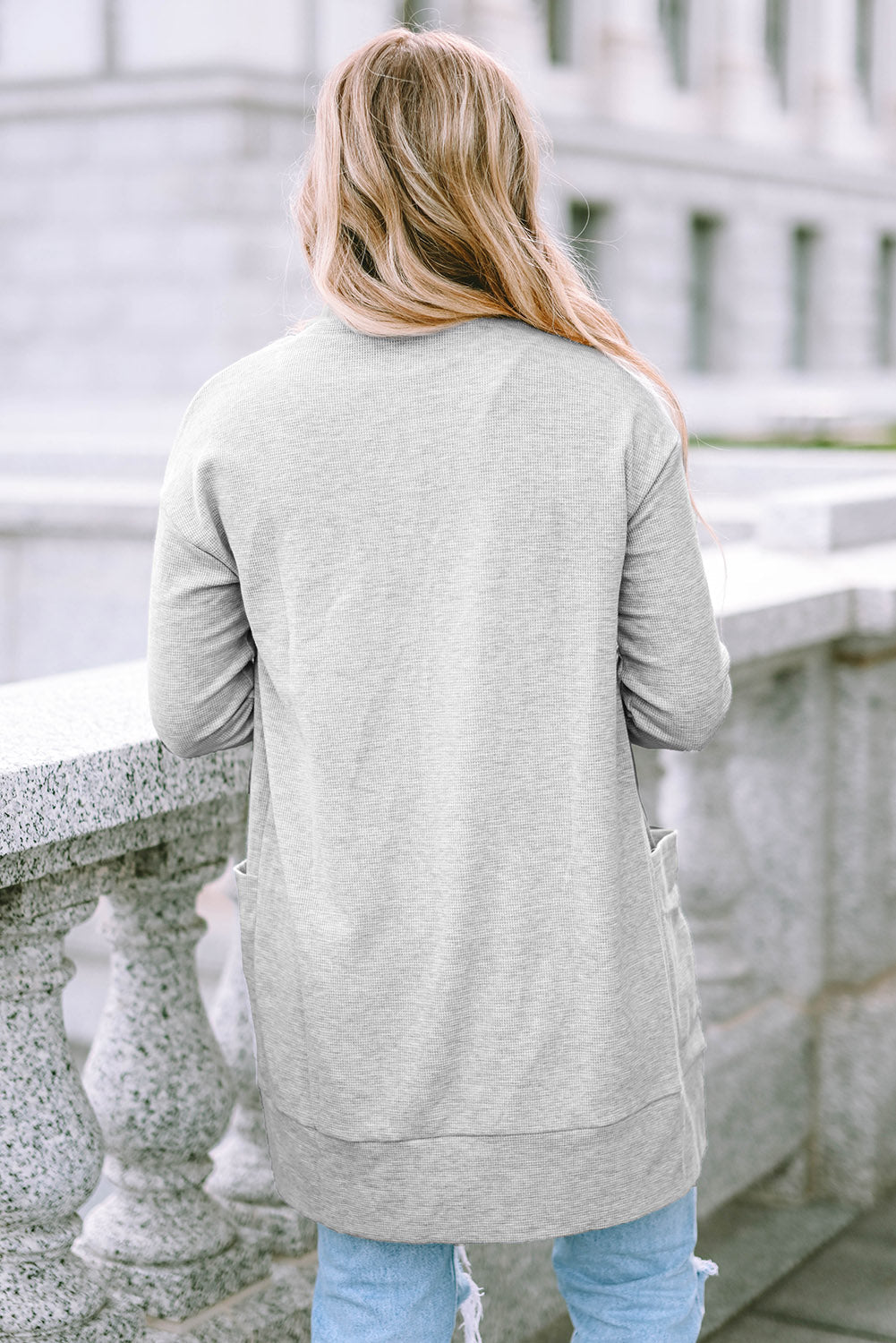 Cardigan à poches en tricot gaufré thermique gris clair