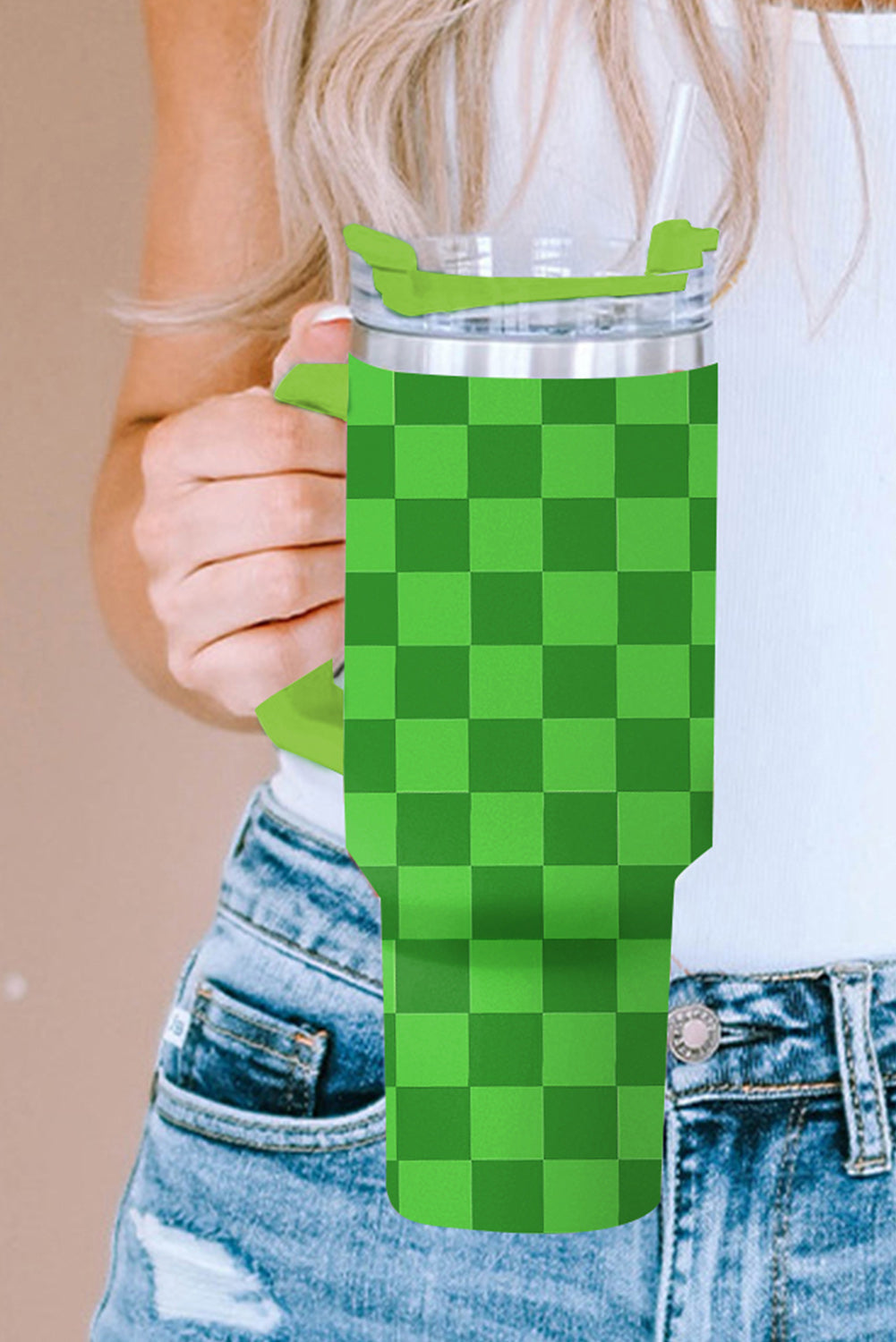 Tone Checkered Two Checkered Stainless Tumbler with Handle 40oz