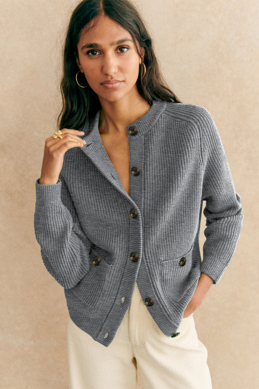 Chunky Cardigan Button-Front Round-Neck Knit Top