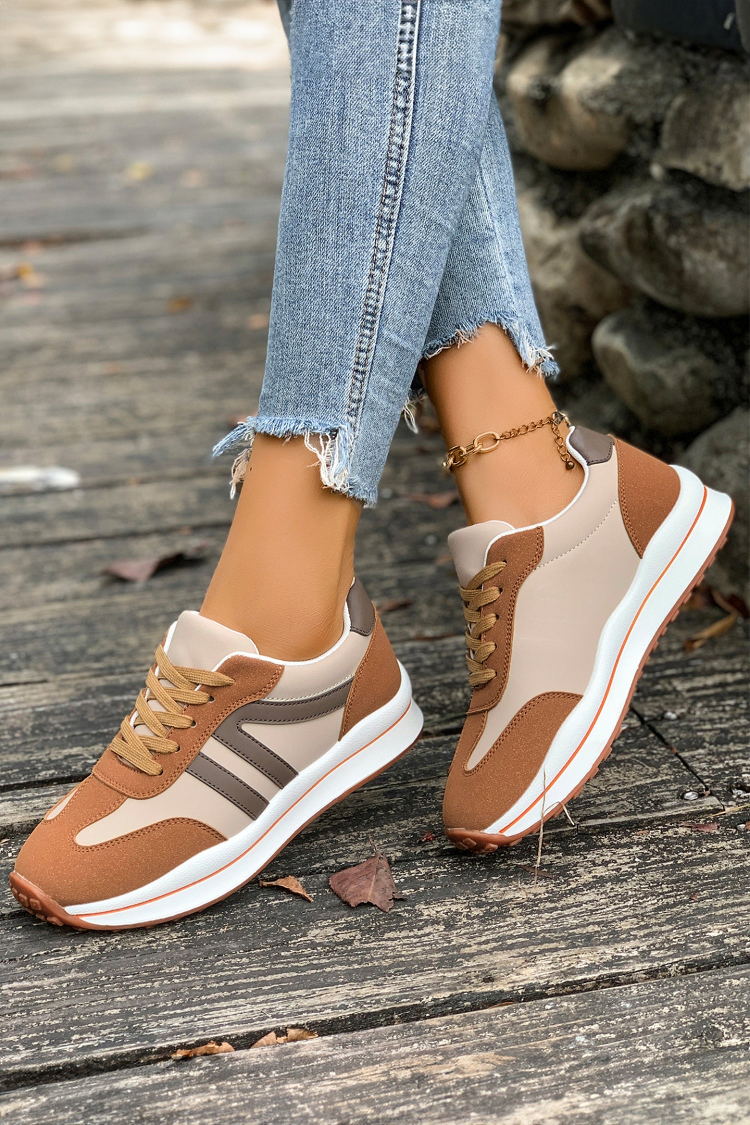 Patchwork Varsity Colorblock Lace-up Leather Sneakers in Brown