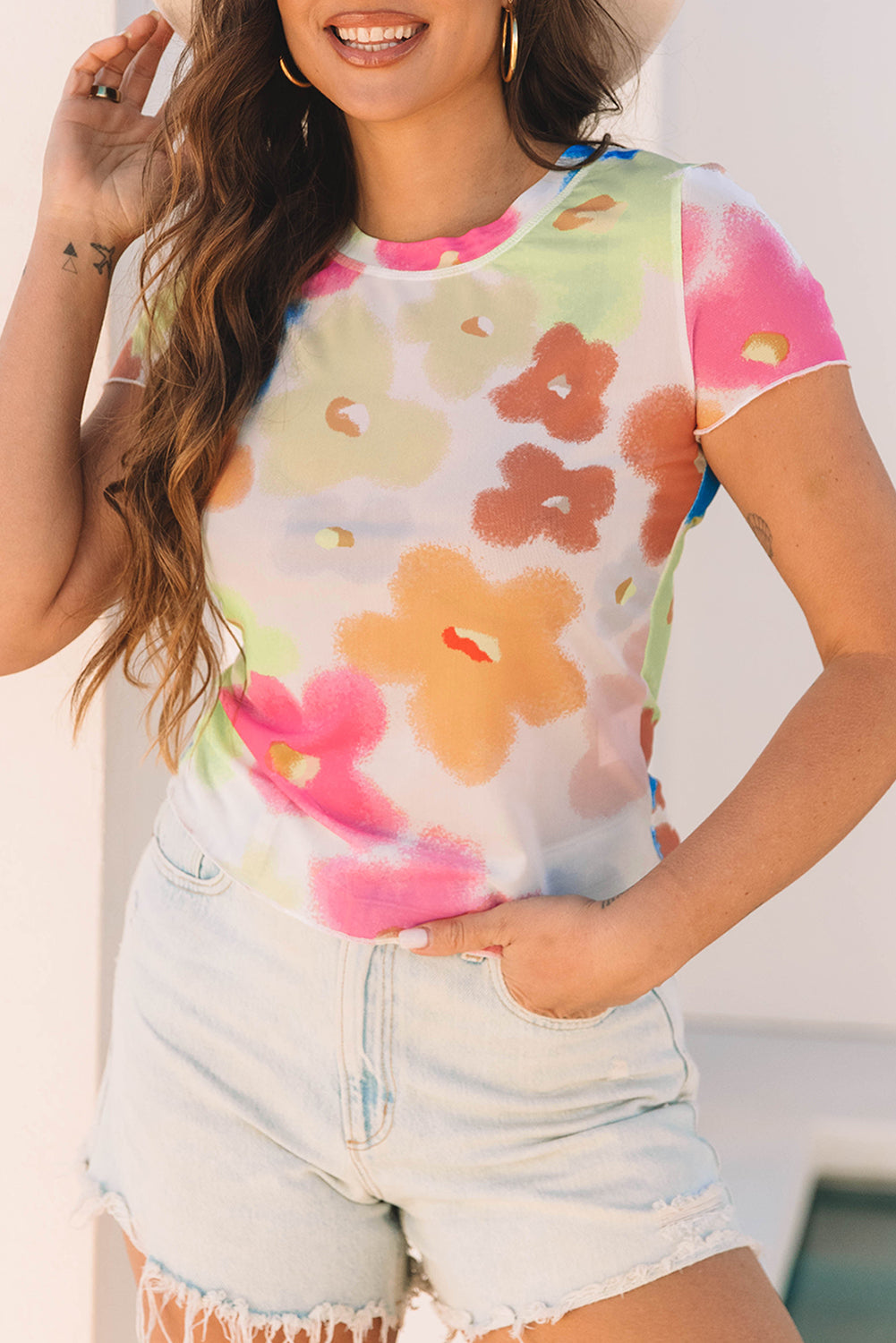 Cute Floral Mesh Lettuce Trim Cropped T Shirt