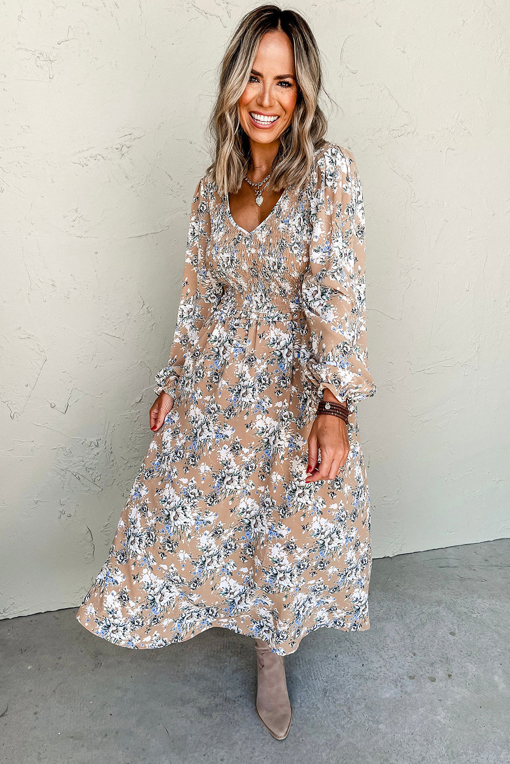 Floral Maple Grove Smocked Puff Sleeve Long Dress