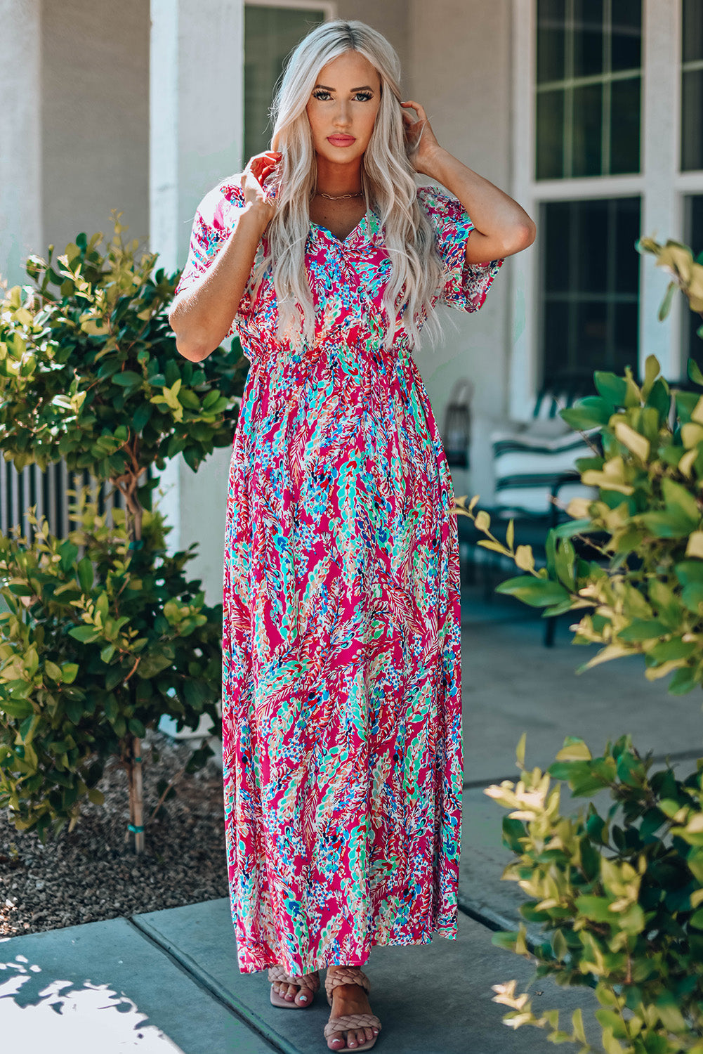 Women's Floral-Print Wrap V Neck Maxi Dress