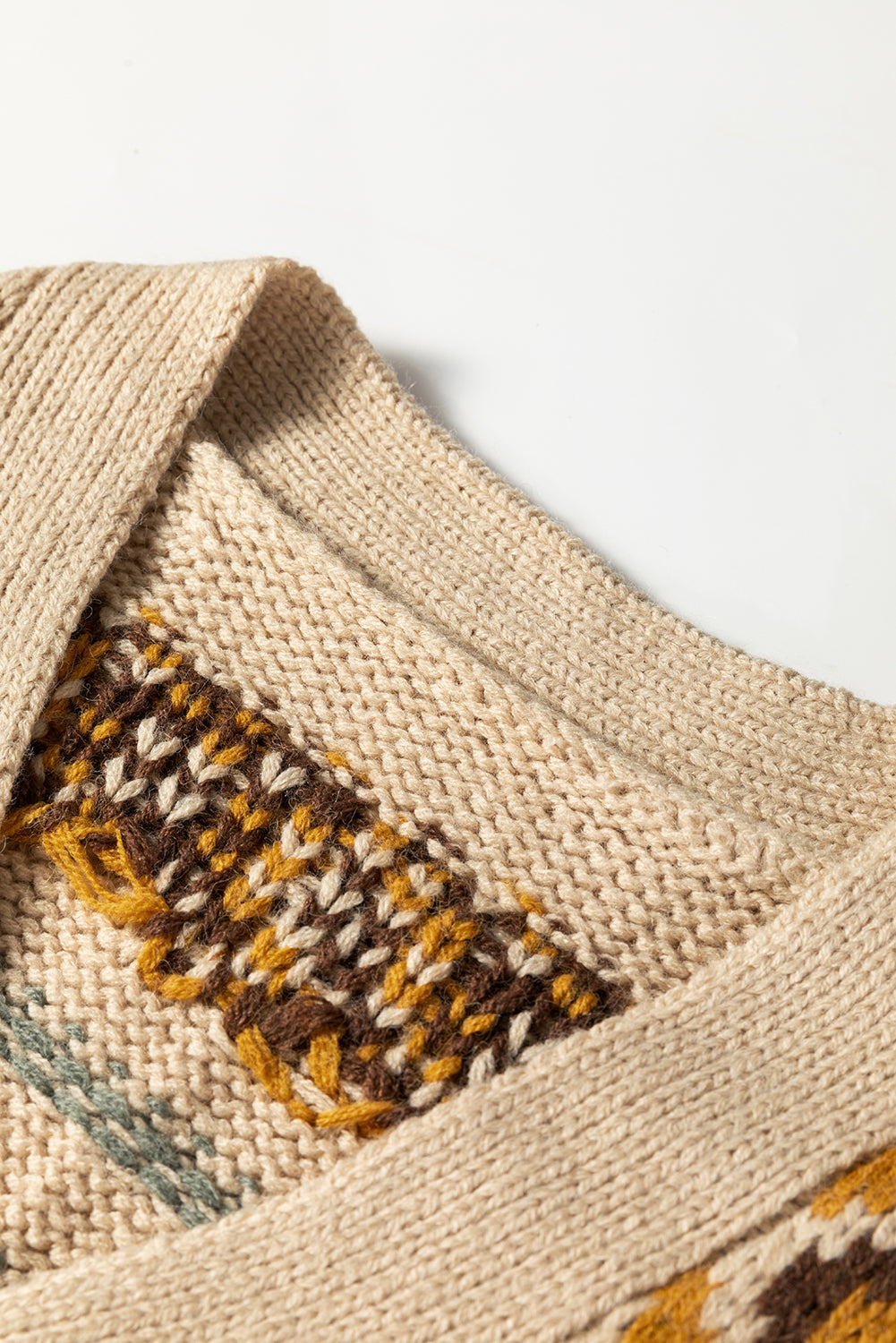 Pattern Knit Western Knit Button V-Neck Cardigan Knit Top in Khaki