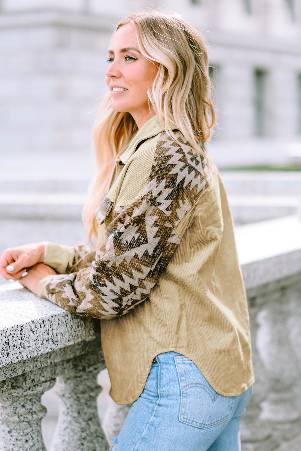 Women's Aztec-Pattern Patchwork Frayed Edge Khaki Cord Jacket