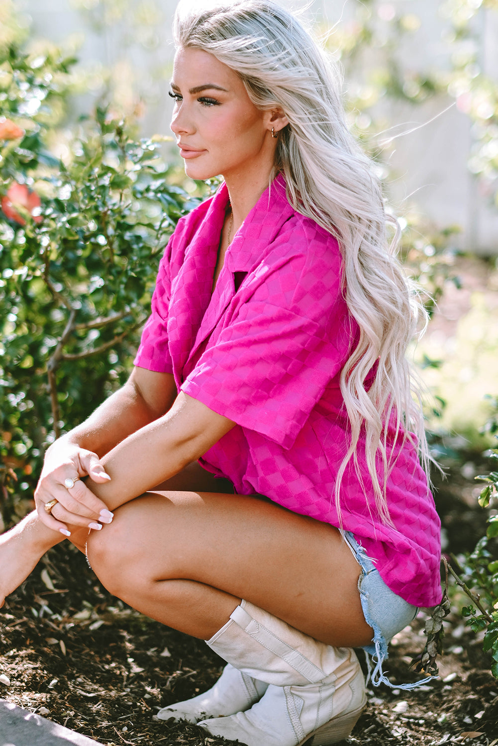 Women's Shirt Featuring Short-Sleeve Lapel Textured