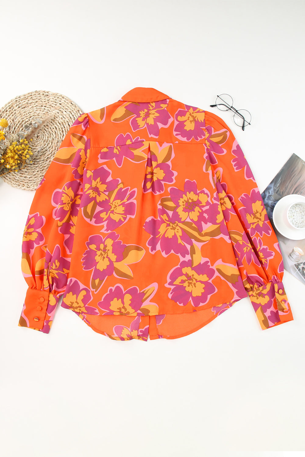 Lantern Sleeve Floral-Print Sleeve Shirt in Orange