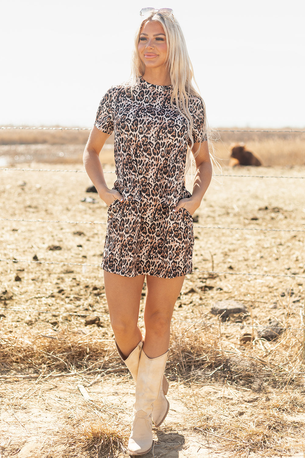 Leopard Print Crew Neck Shift Short T Shirt Dress