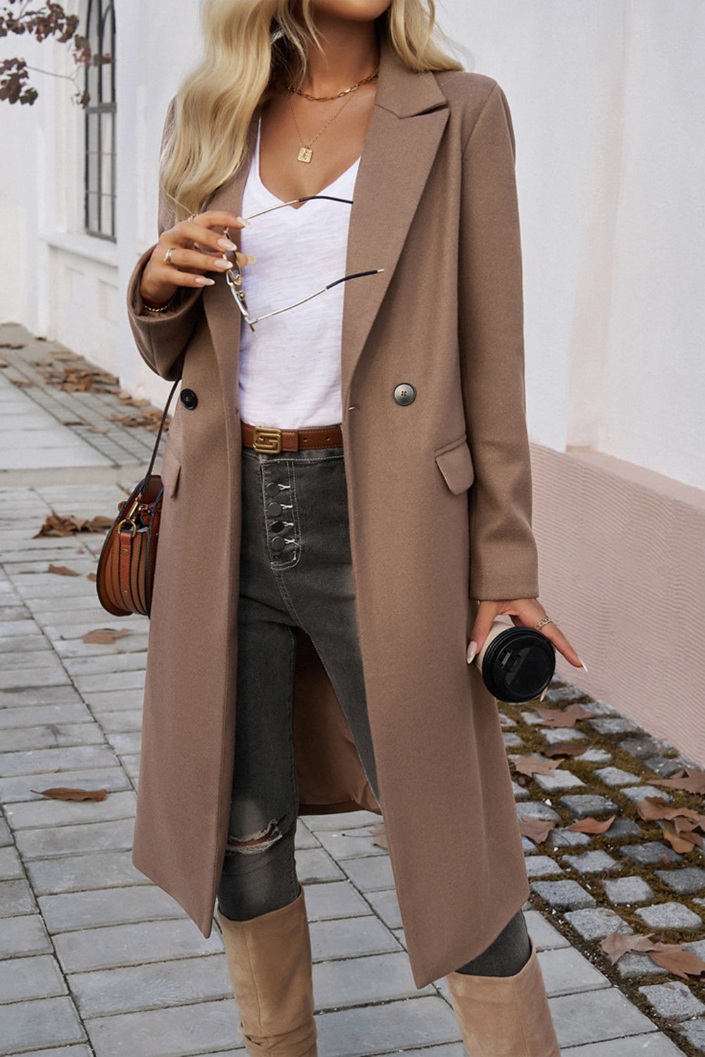 Single Collar Breasted Lapel Flap Pocket-Detail Overcoat in Dark Khaki