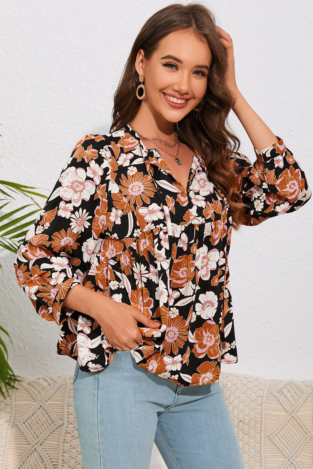 Women's Blouse Featuring Floral-Print Babydoll