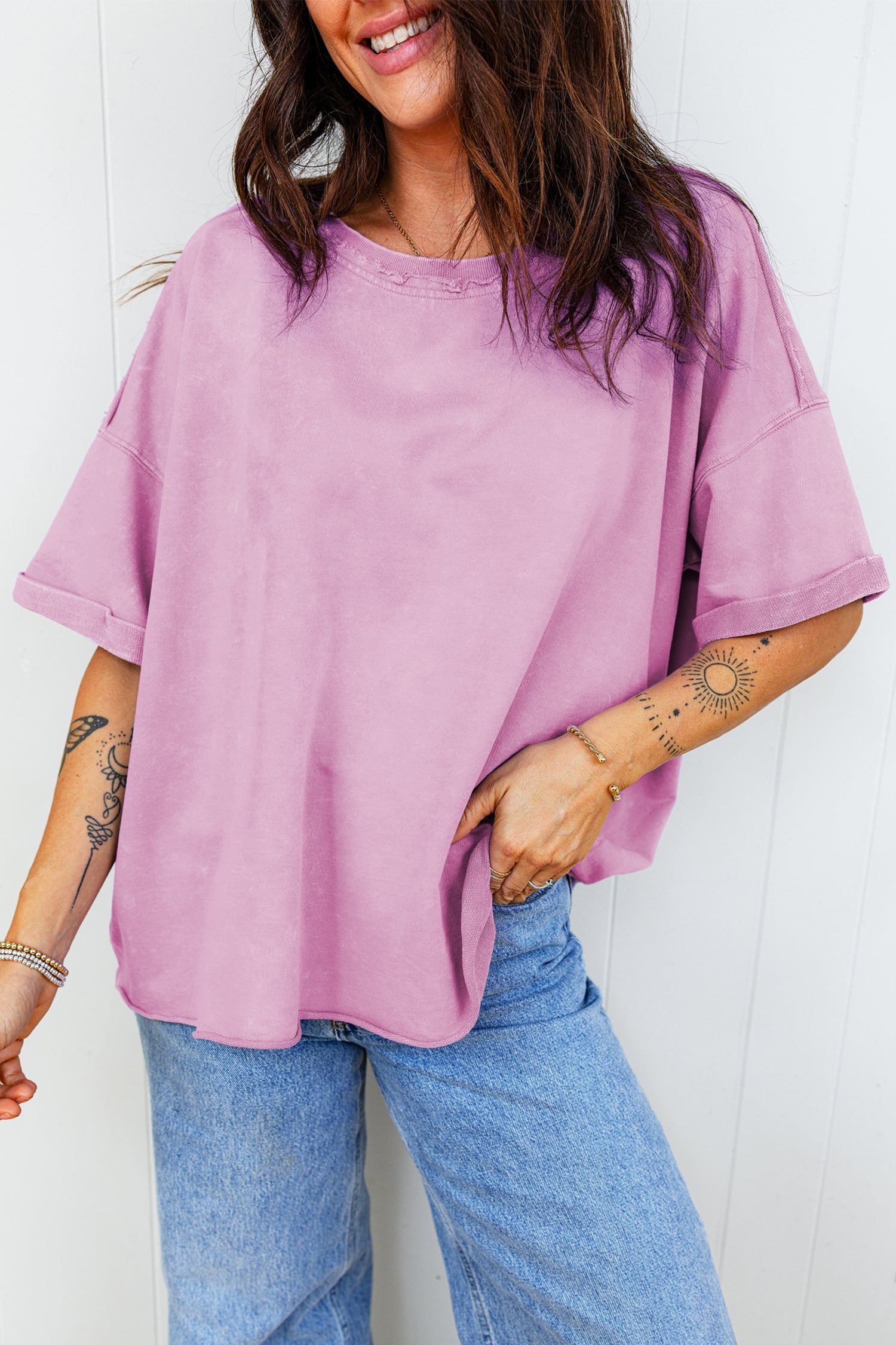 Drop-Shoulder Mineral Wash Raw Edge Loose Tee