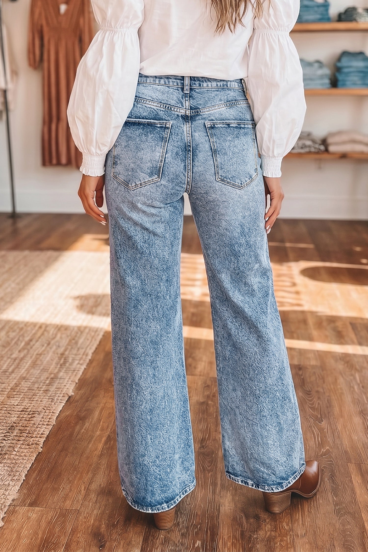Beau Blue Fashion Blue Acid Wash Pocket Detail Flare Jeans
