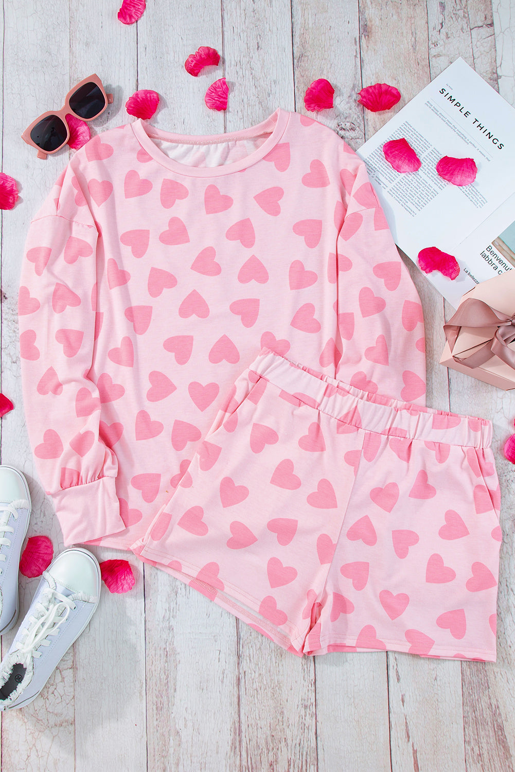 Valentine Heart Shape Print Long-Sleeved Top Shorts Lounge Set