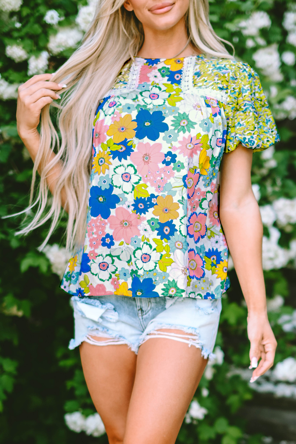 Blouse À Imprimé Floral Mélangé Et Bordure En Dentelle À Manches Bulles