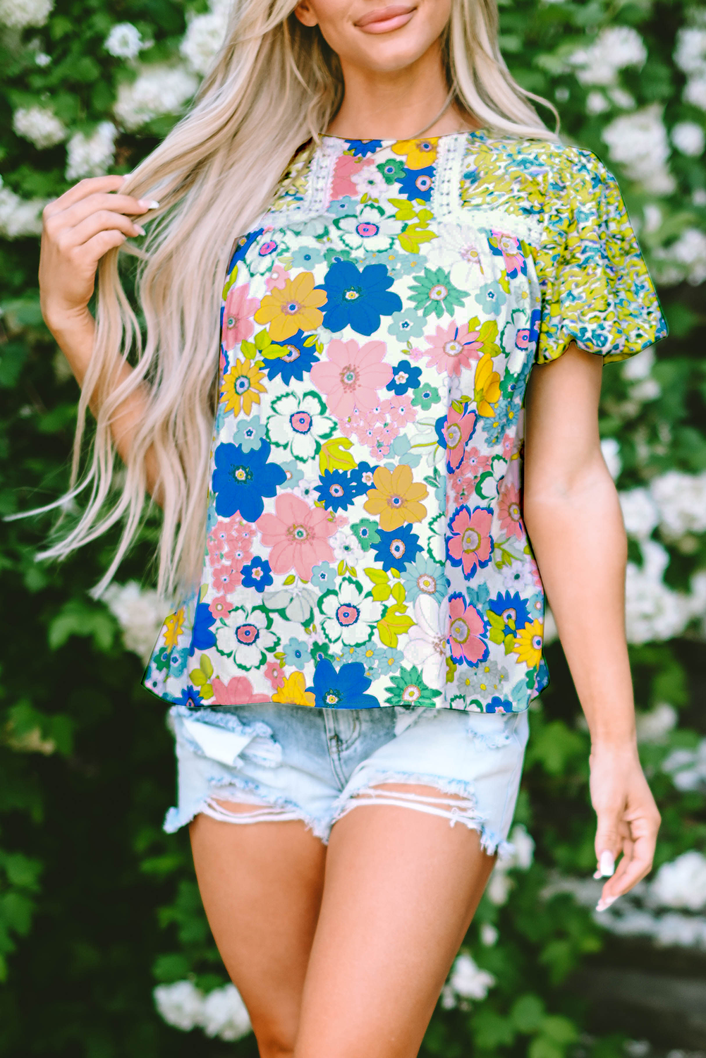 Women's Blouse with Lace-Trimmed Trim Floral-Print Mixed Print Bubble Sleeve